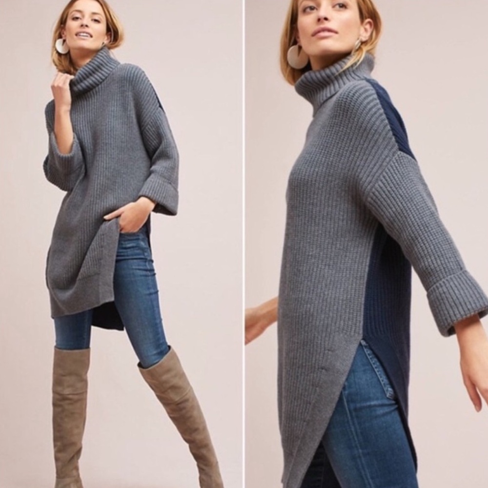 Anthropologie Moth Cuffed Sleeve Turtleneck Tunic Sweater Dress Grey Navy Small